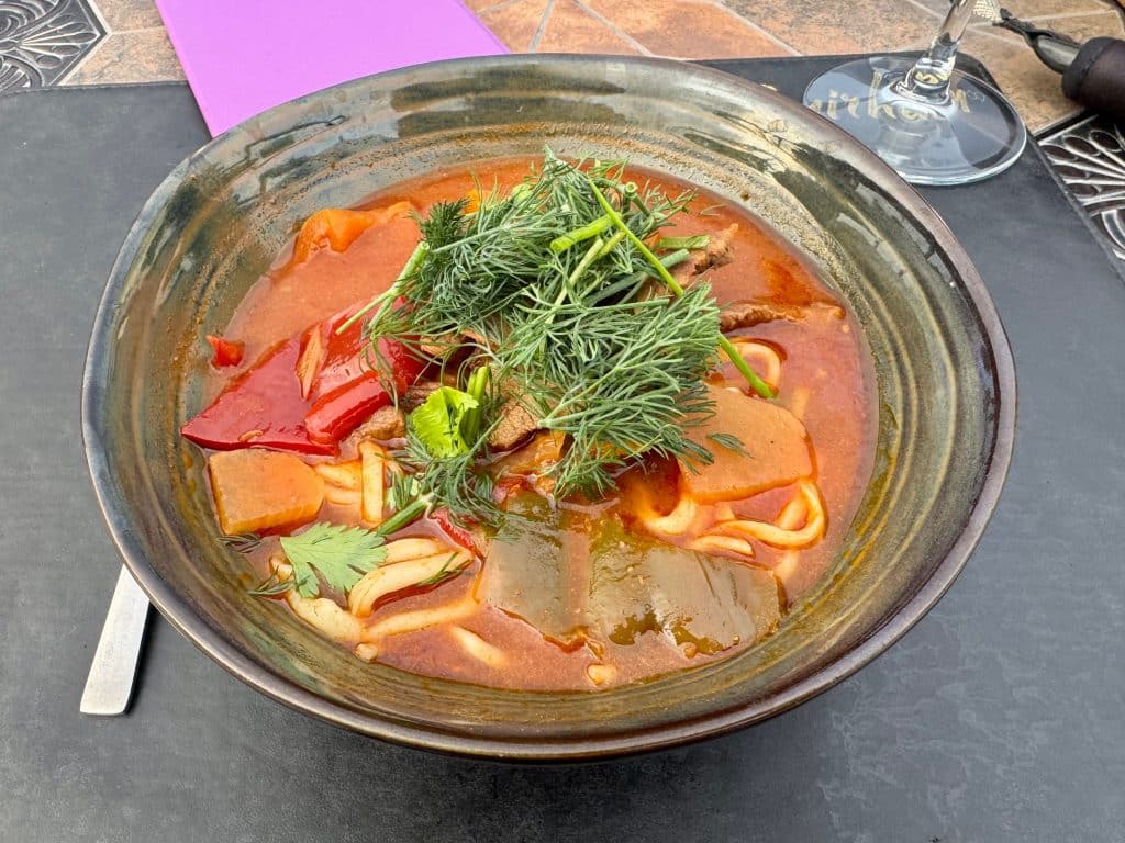 A metal bowl of soup with thick laghman noodles.
