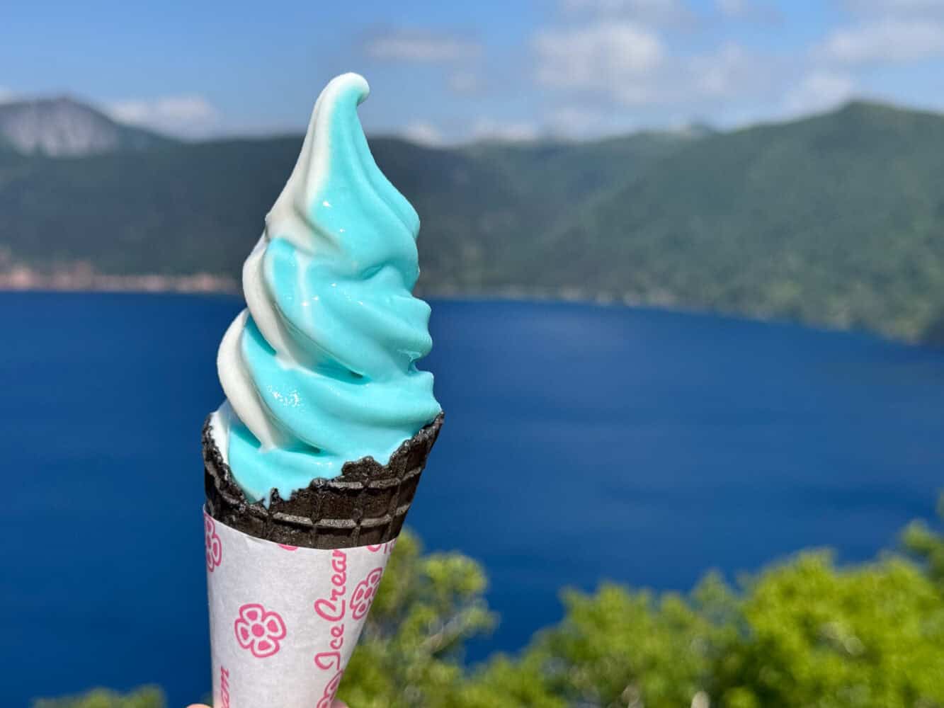 Blue soft serve ice cream at Lake Mashu Observatory No 1 in Hokkaido.