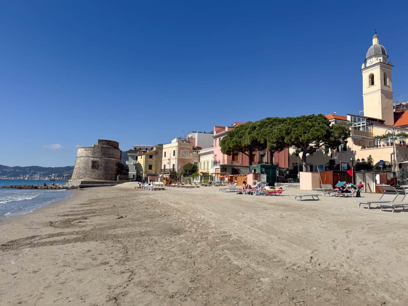 Il Torrione Saraceno (Saracen Tower) on Alassio Beach, Italy.