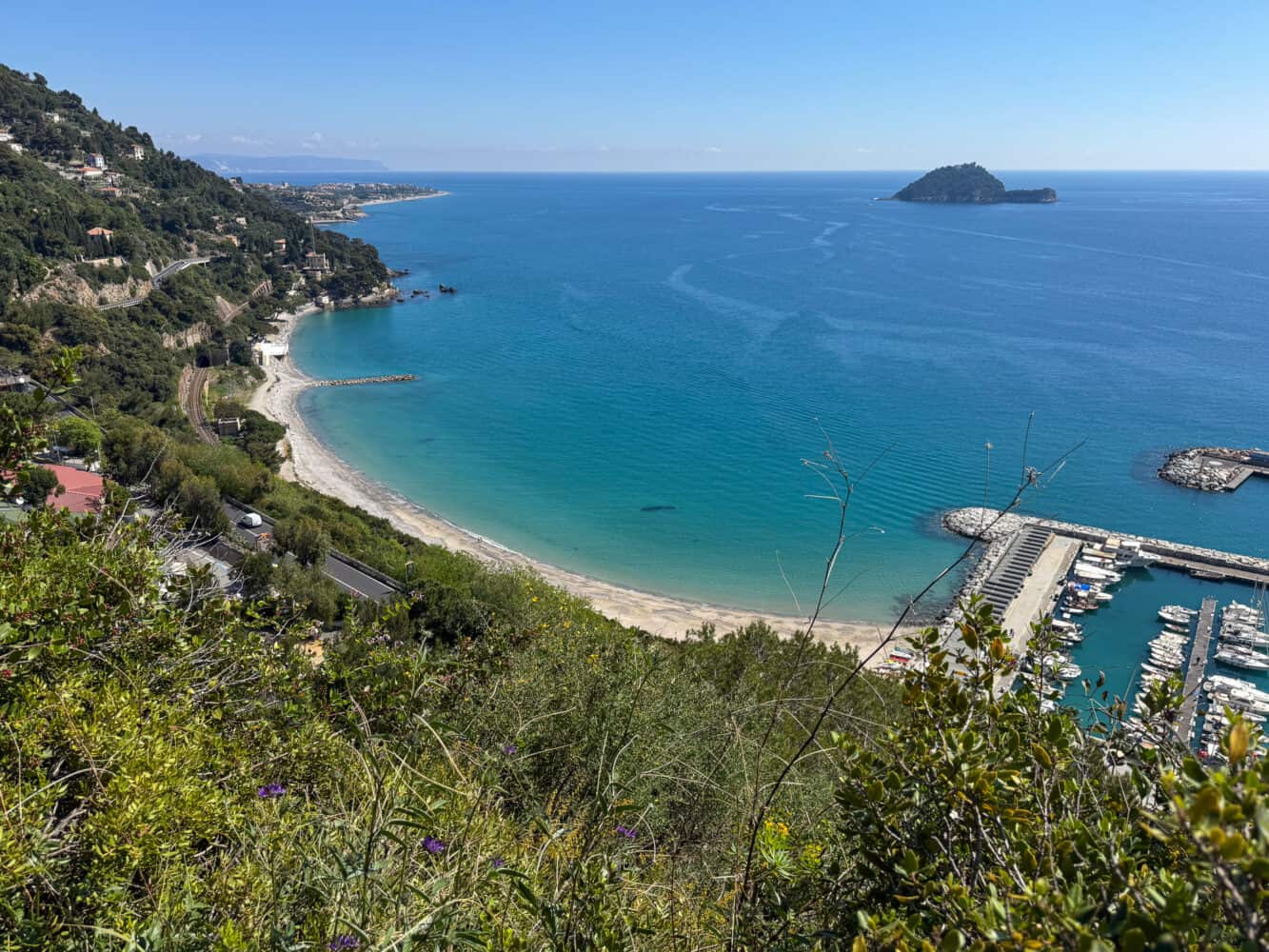 View of Alassio marina on Via Julia Augusta Trail to Albenga.