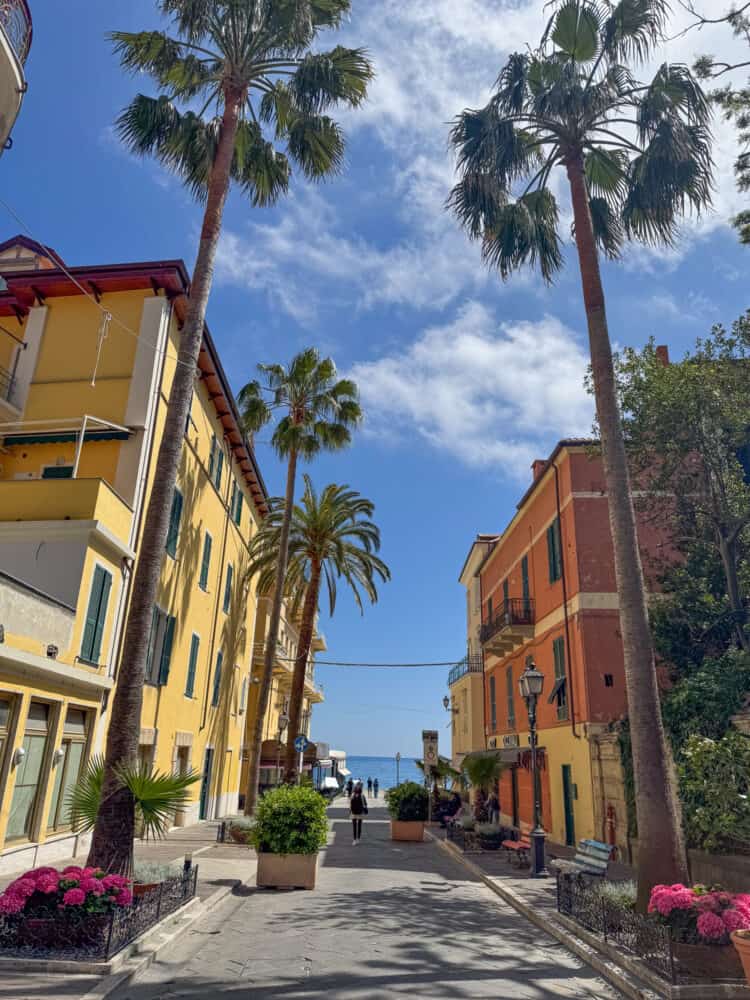 Palm lined street leading to the beach in Alassio, Italy. 