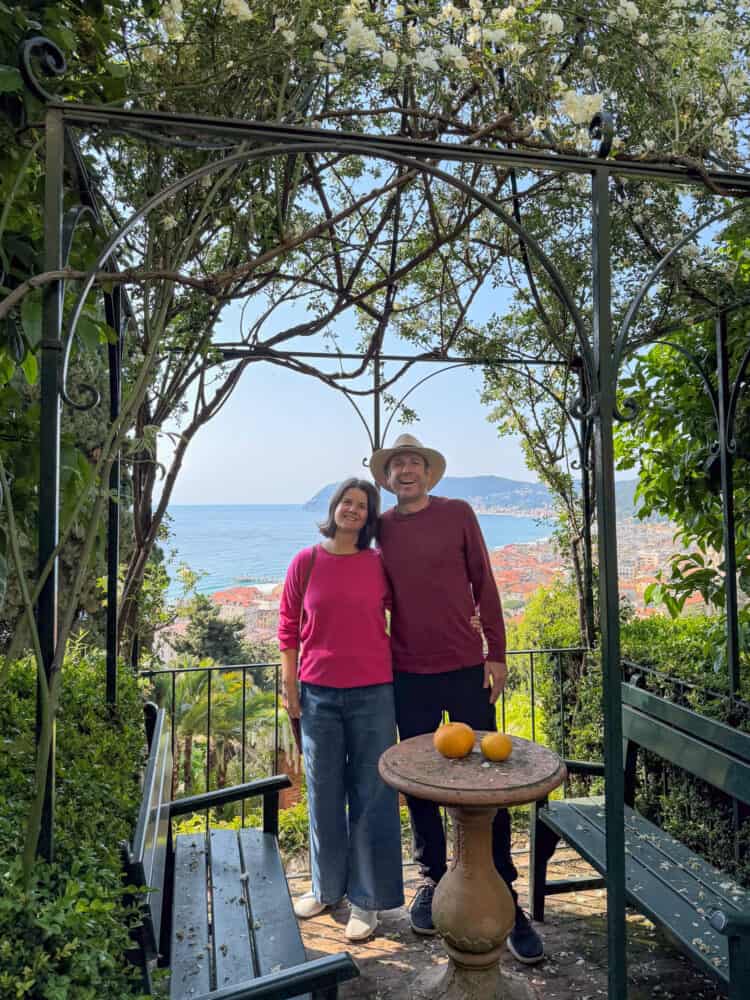 Erin and Simon in the gardens of Villa della Pergola in Alassio, Italy. 