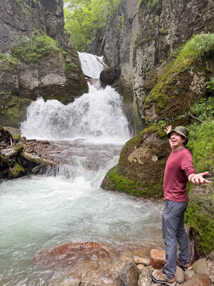 Simon at Momijidaki Falls at Sounkyo Onsen, Hokkaido in summer.