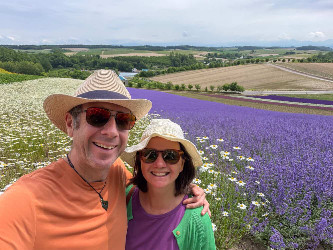 Simon and Erin at the Shikisai-no-oka panoramic flower gardens in Biei, Hokkaido in Japan.