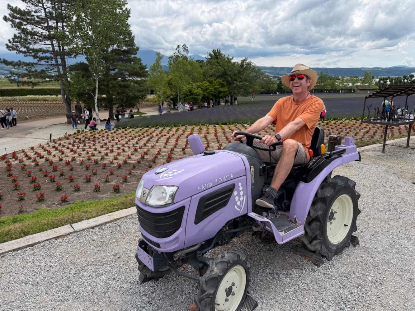 Simon on a tractor at Farm Tomita near Biei, Hokkaido.