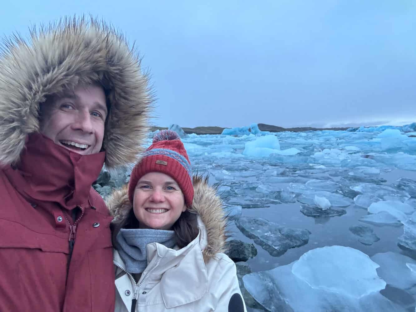 Simon and Erin at Jökulsárlón Glacier Lagoon in Iceland in winter.