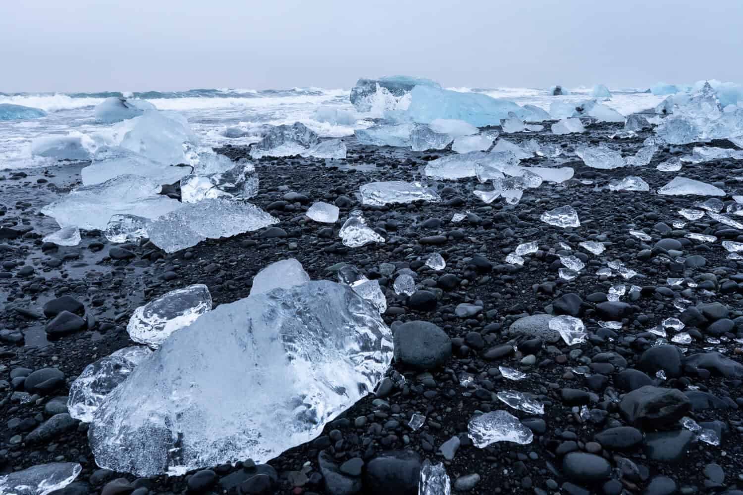 Icebergs on Diamond Beach in Iceland in winter.