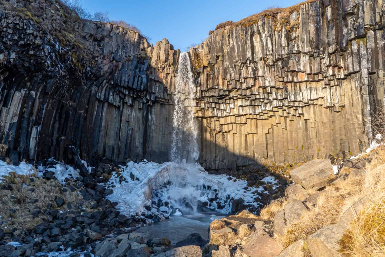 Svartifoss Waterfall in winter near Skaftafell, Iceland.