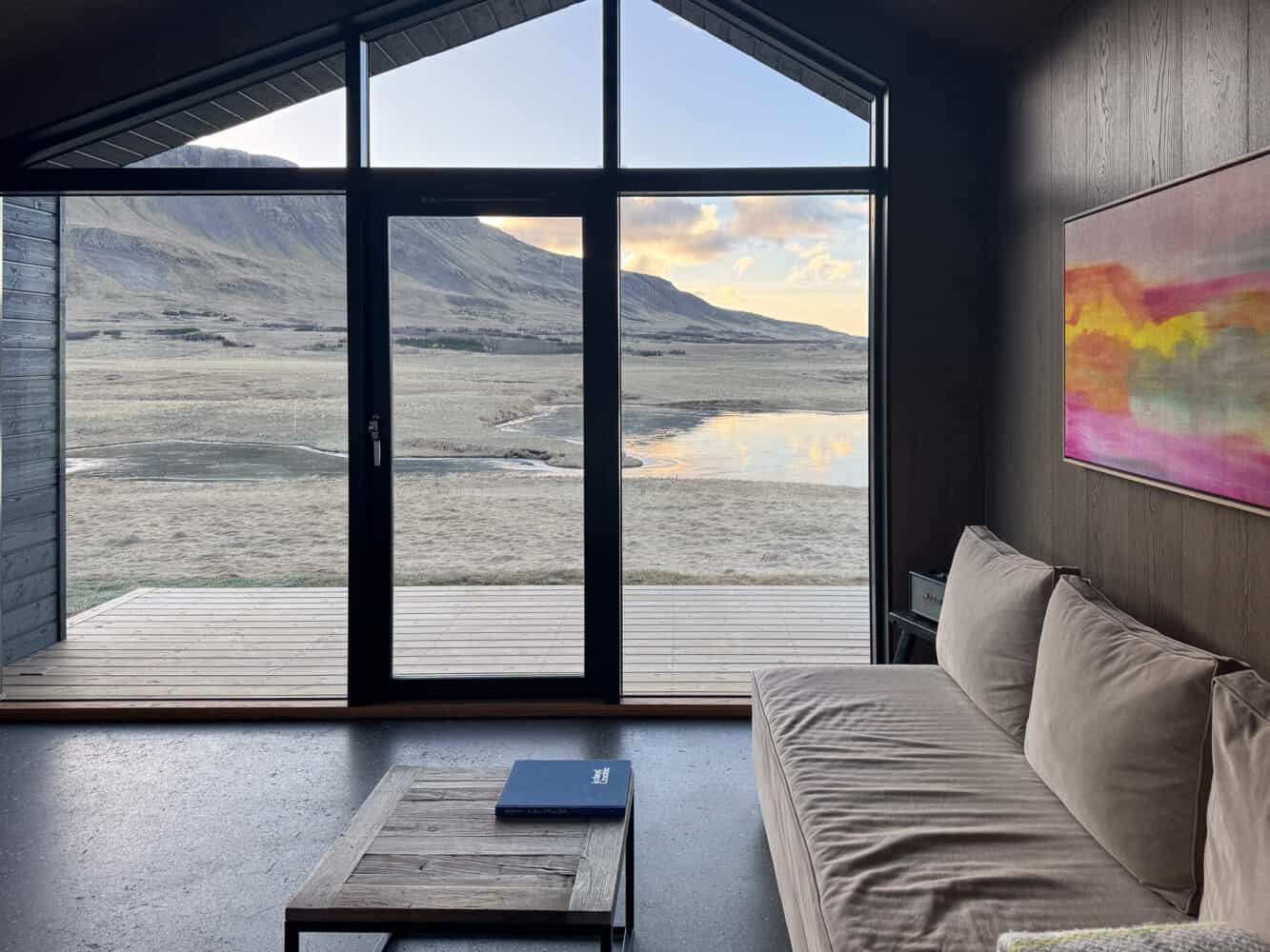 Living room of Artist Lodge at Hvammsvik Nature Resort, Iceland.