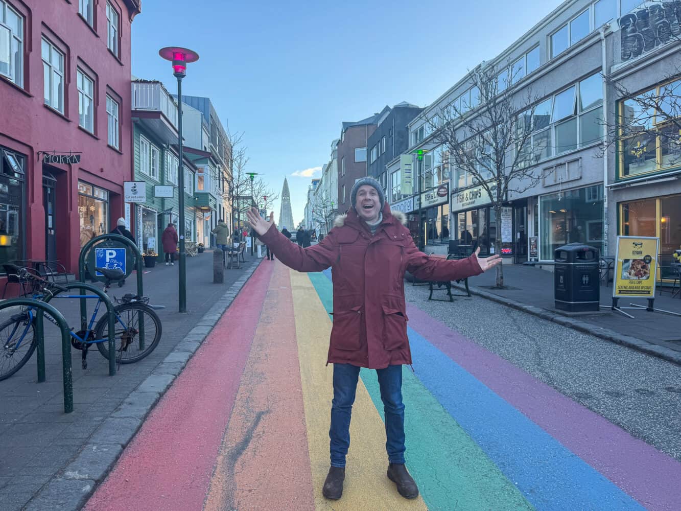 Simon on Rainbow Street in Reykjavik, Iceland.