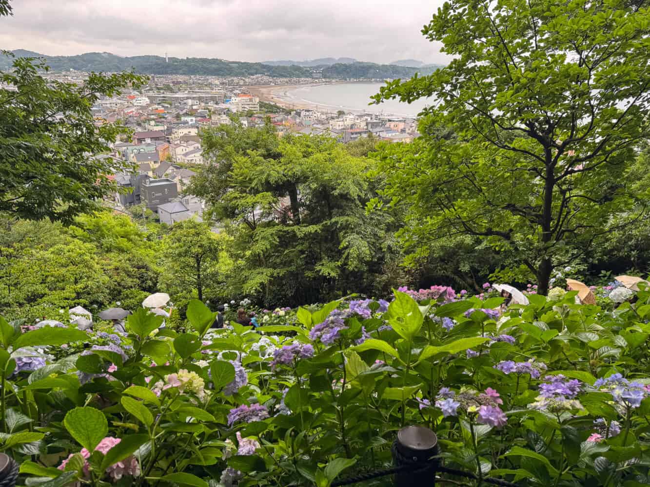 View of Yuigahama Beach from the hill at Hase-dera temple in Kamakura, Japan.