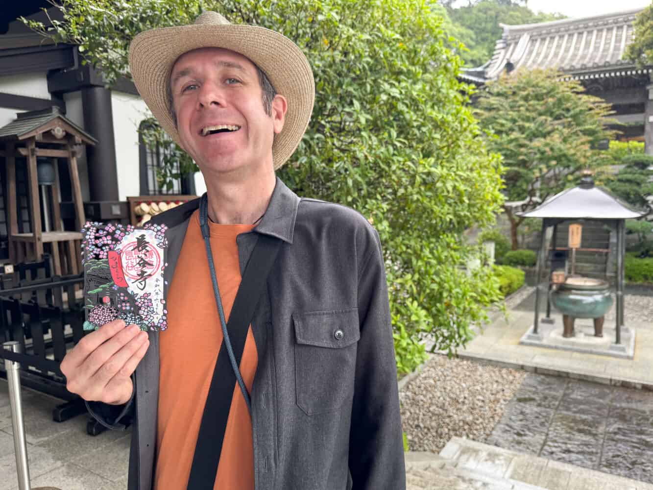 Simon with hydrangea goshuin stamp at Hase-dera temple in Kamakura, Japan