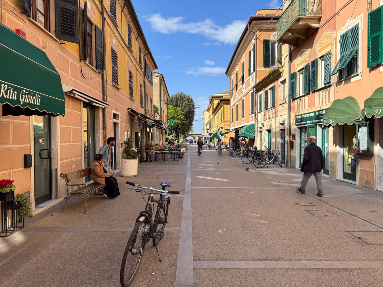 Via Dante Alighieri, the main shopping street in Levanto, Italy.