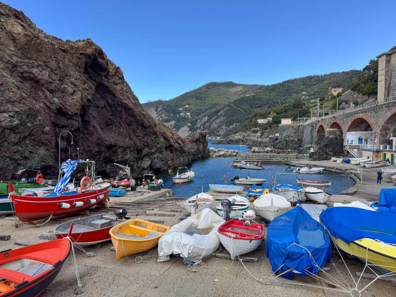 Framura Harbour at the end of the bike ride through rail tunnels from Levanto, Italy.