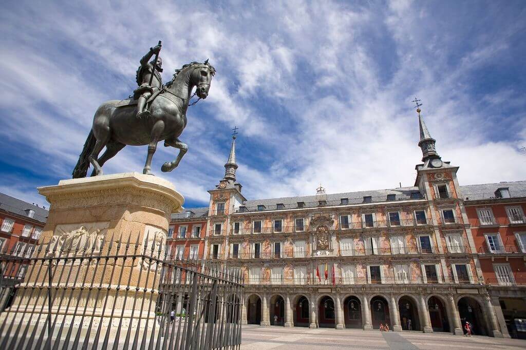 The historic buildings of Madrid, Spain on a warm and sunny summer day