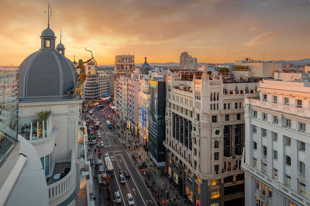 The historic buildings of Madrid, Spain on a warm and sunny summer day