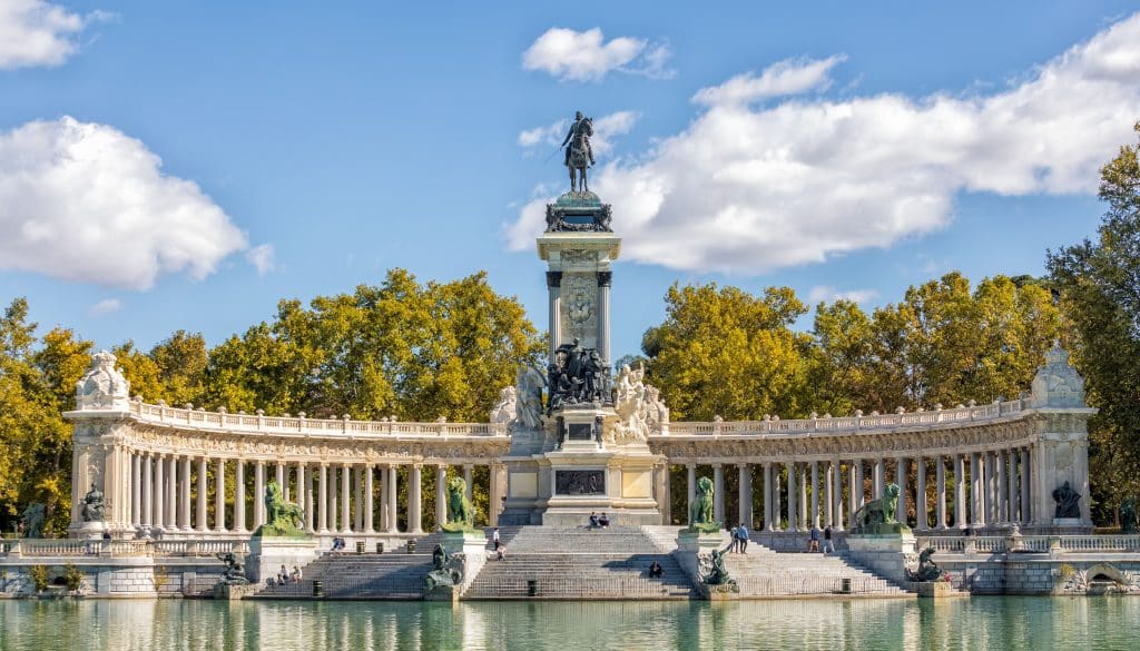 The Alfonso XII monument and the rowing pond in Retiro Park, Madrid’s main green space.