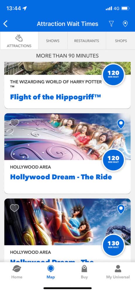 Universal Studios Japan app showing wait times for rides.