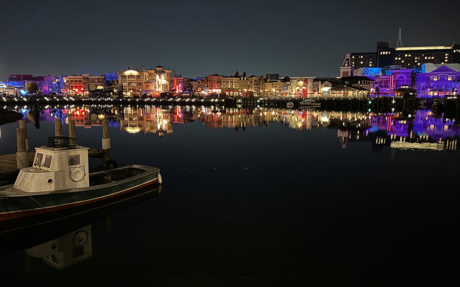 Universal Studios Japan waterfront after dark.