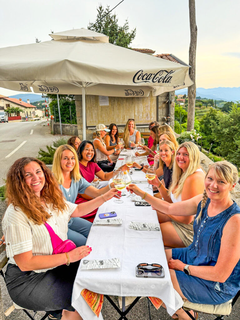 group of women at table looking over vineyards slovenia
