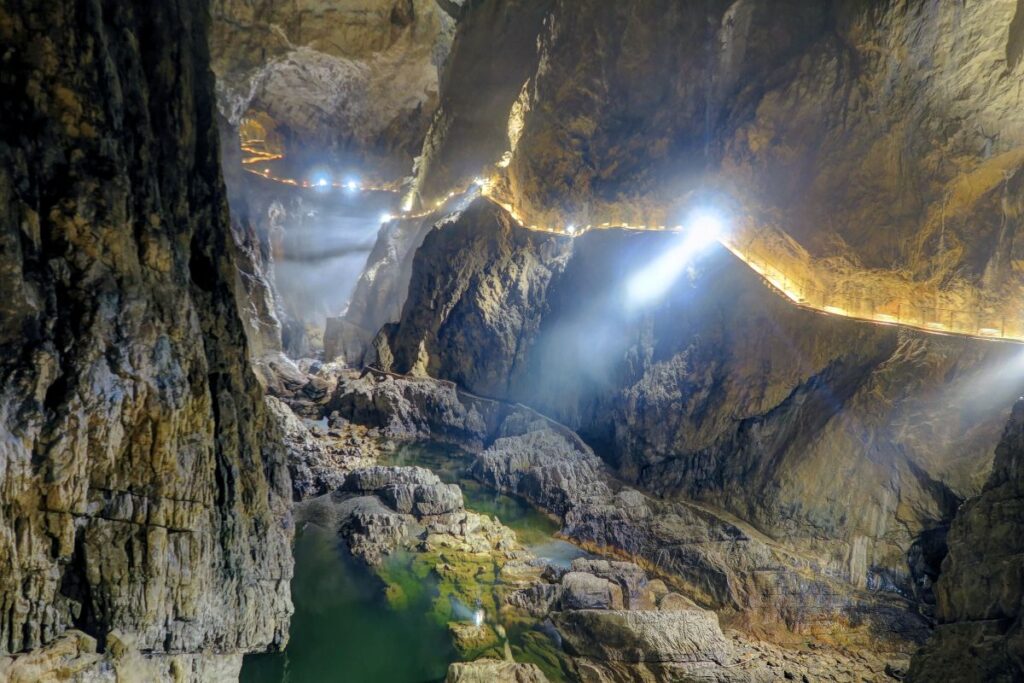 Labyrinthine, illuminated walkways inside Skocjan Caves,