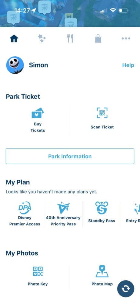 Homepage of the Tokyo Disney resort app. 
