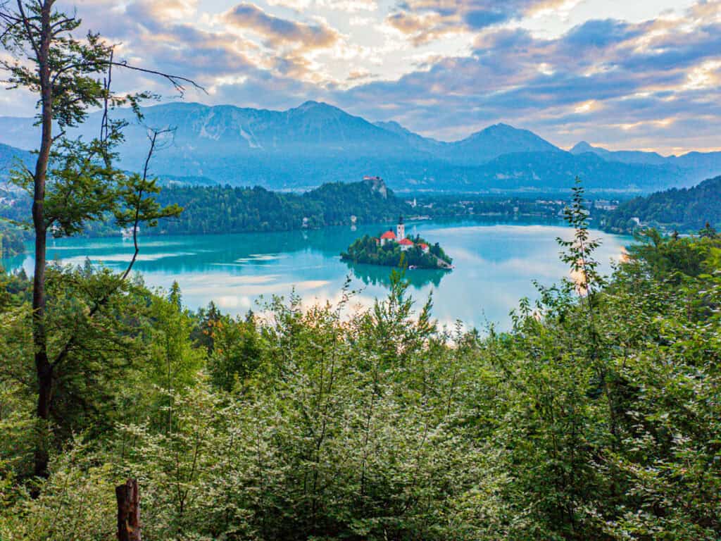 aerial view of lake bled and mountains from Mala Osojnica trail