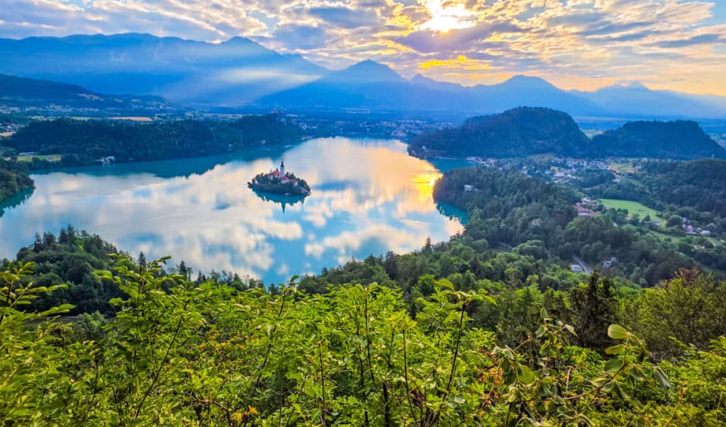 aerial view of lake bled and mountains from Mala Osojnica trail