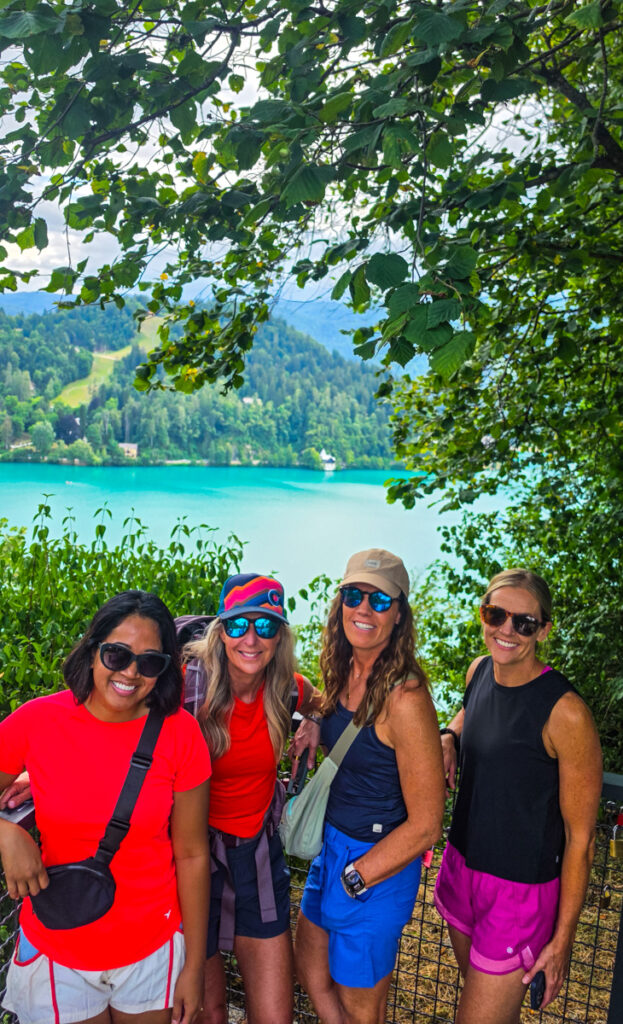 ladies posing in front of lake bled view from bled castle