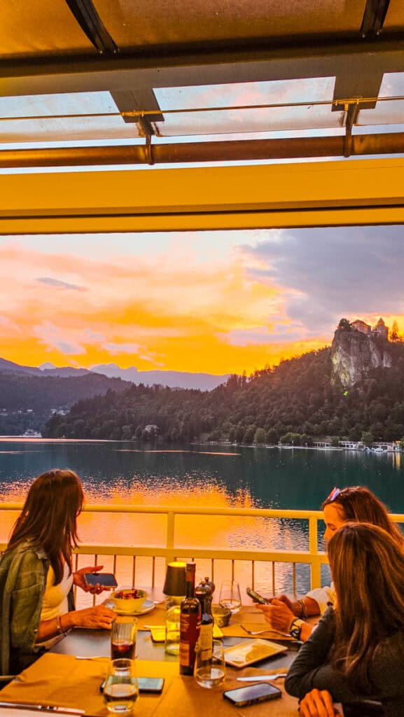 old cellar bled castle views at sunset from restaurant table