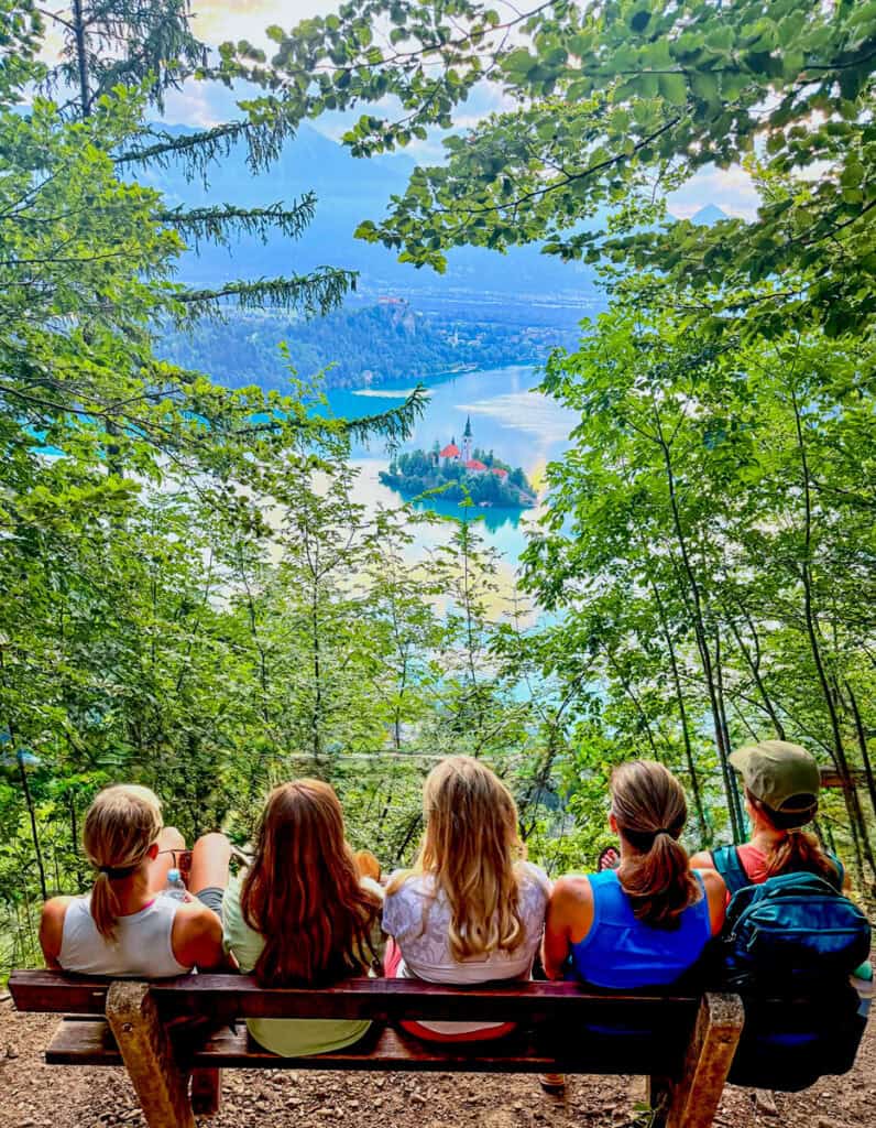 women on seat looking at view