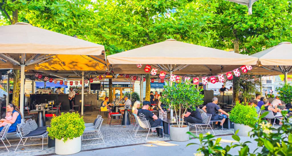 patio of restaurant on river at Ljubljana