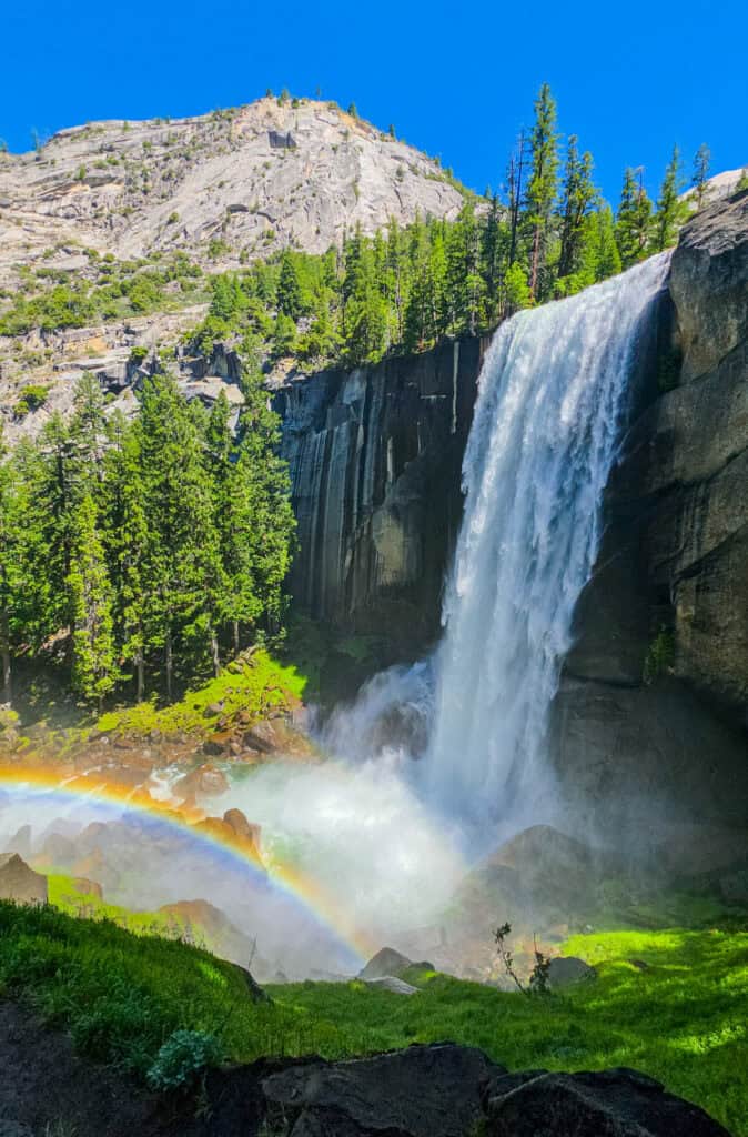 rainbow in front of vernal fall yosemite