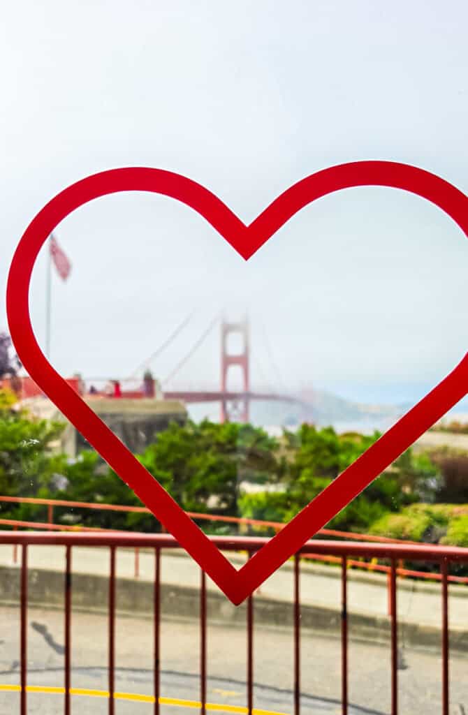 love heart on window with golden gate bridge in background 