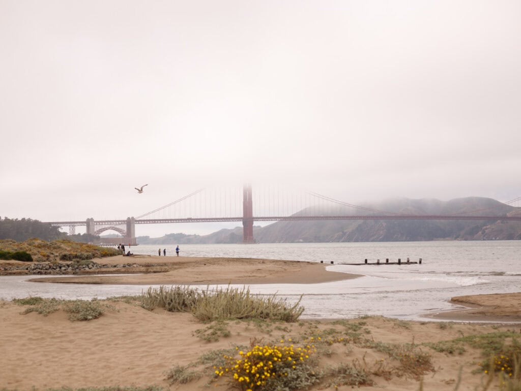 golden gate bridge cover3ed in fog and views of bay