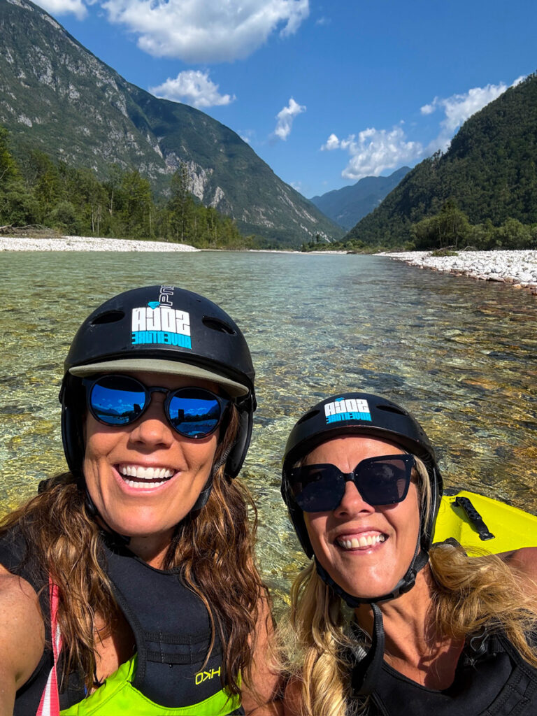 friends taking selfie in kayak on soca river