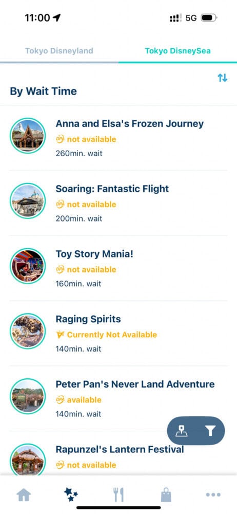 Long queue times at Tokyo DisneySea shown in the app.