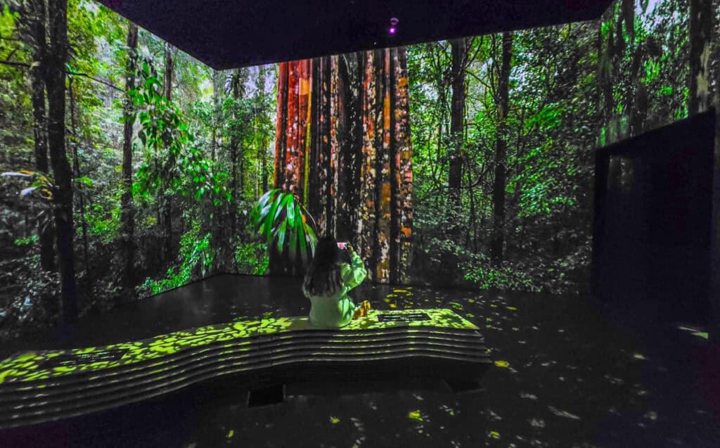 girl sitting in immersive art rainforest vivid california academy of sciences san francisco