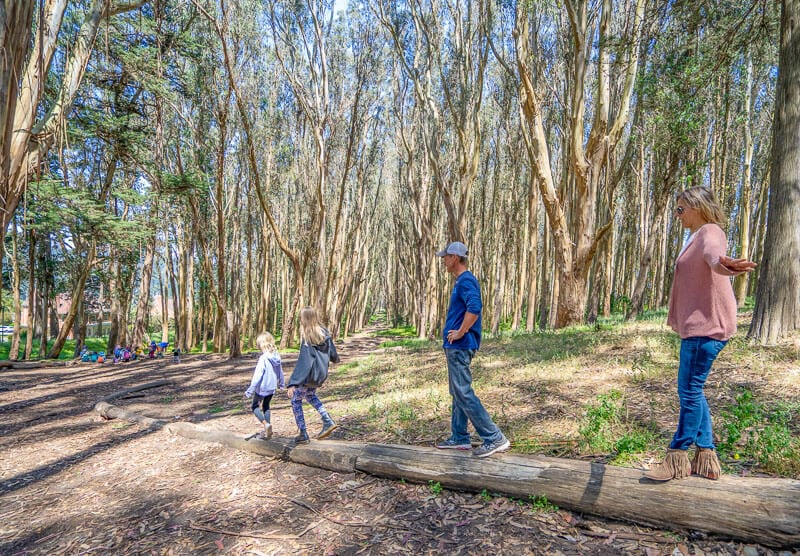 family walking on log at the Andy Goldsworthy Art, Presidio Park