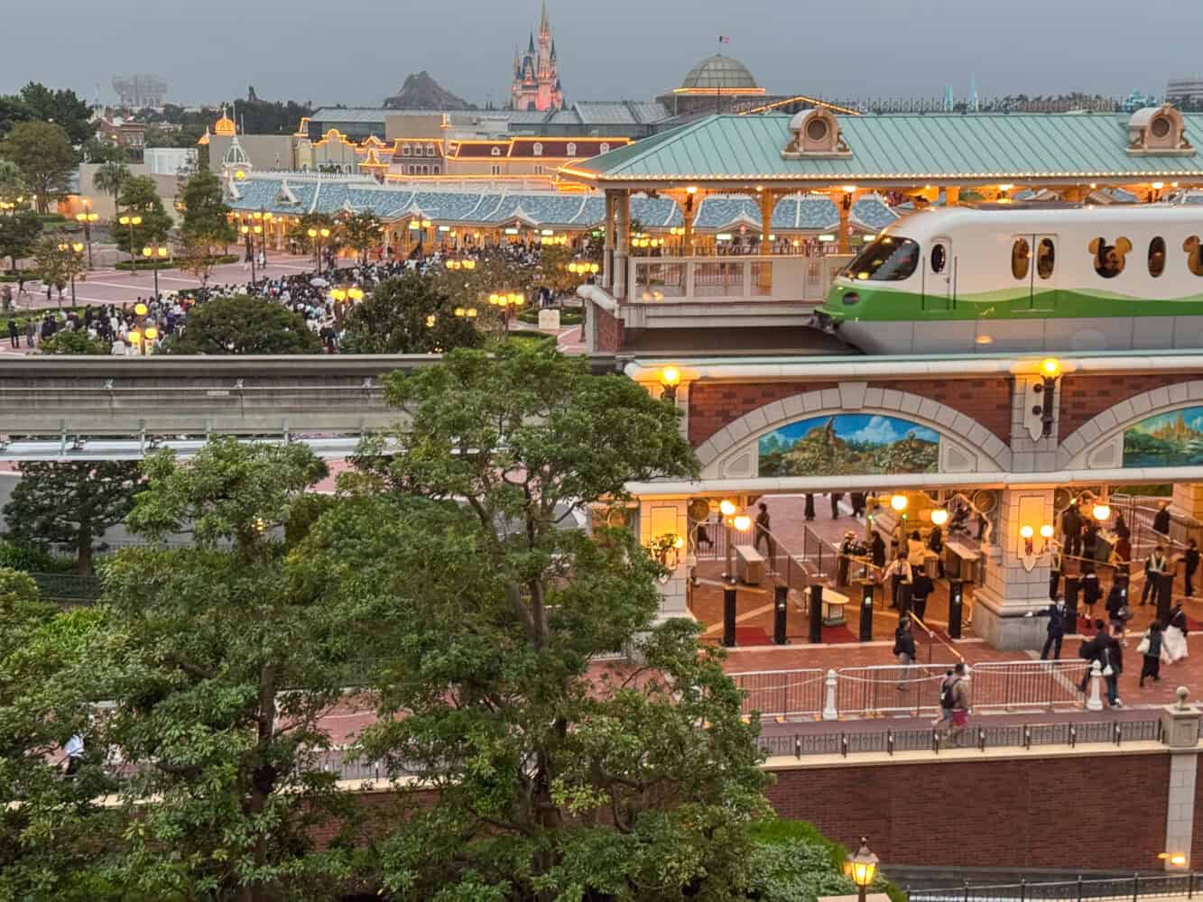 Monorail and park view from Tokyo Disneyland Hotel. 