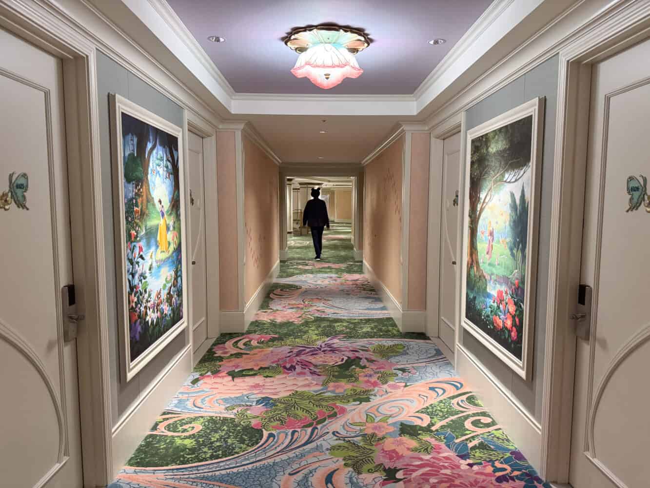 Hallways with princess artwork at Fantasy Springs Hotel. 