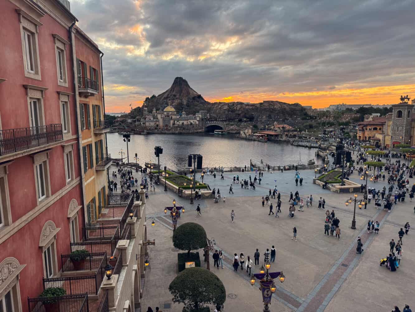 Sunset view of DisneySea from the Hotel Miracosta Harbor View room.