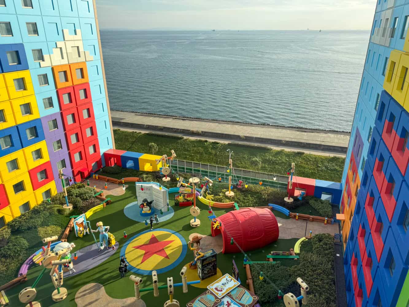 View of Toy Friends Square and Tokyo Bay from Toy Story Hotel room at Tokyo Disney Resort. 