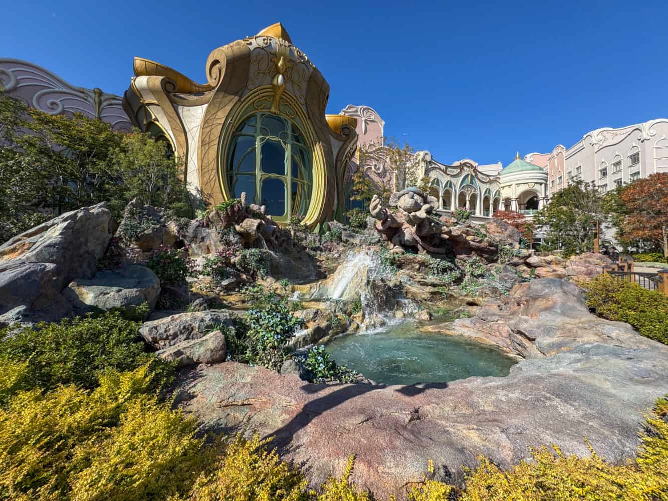 Fantasy Springs Hotel from inside Fantasy Springs at Tokyo DisneySea. 