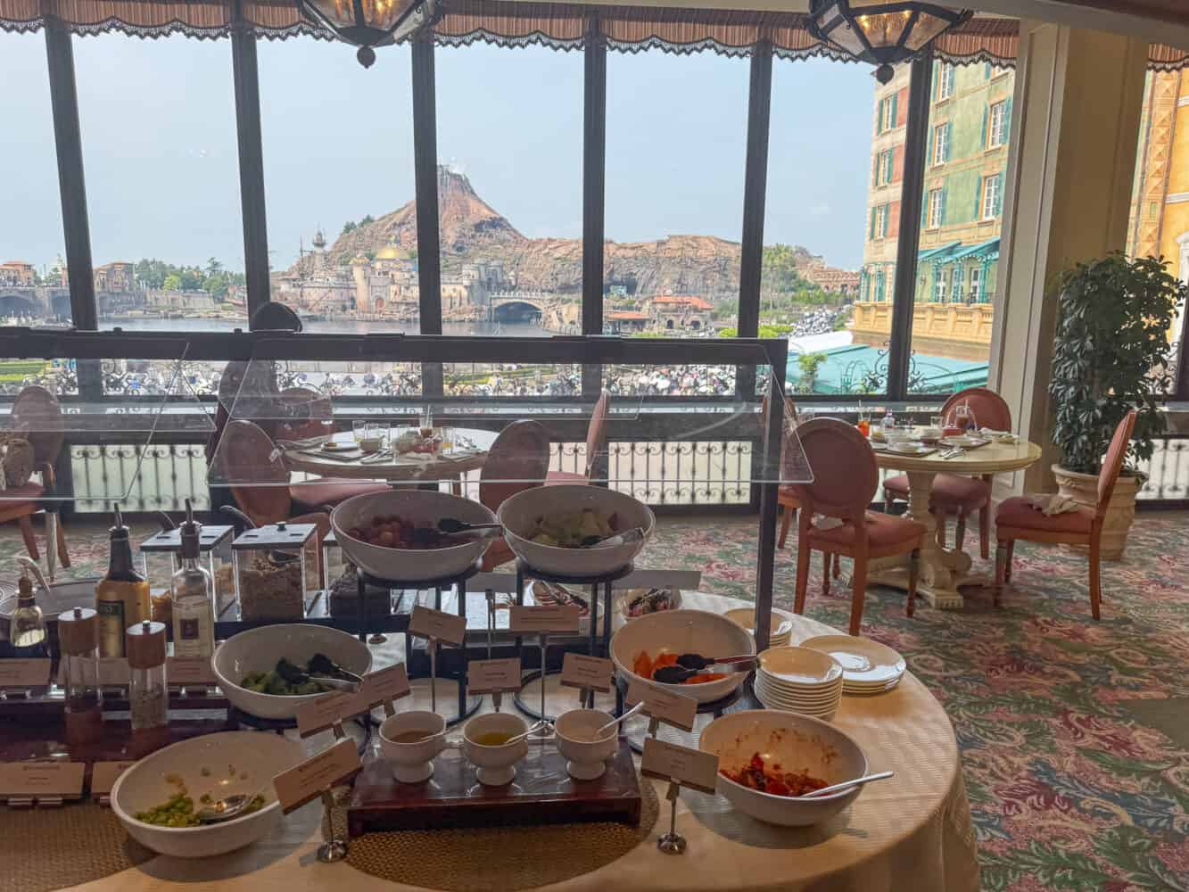 Breakfast at BellaVista lounge at Hotel Miracosta with view into Tokyo DisneySea. 